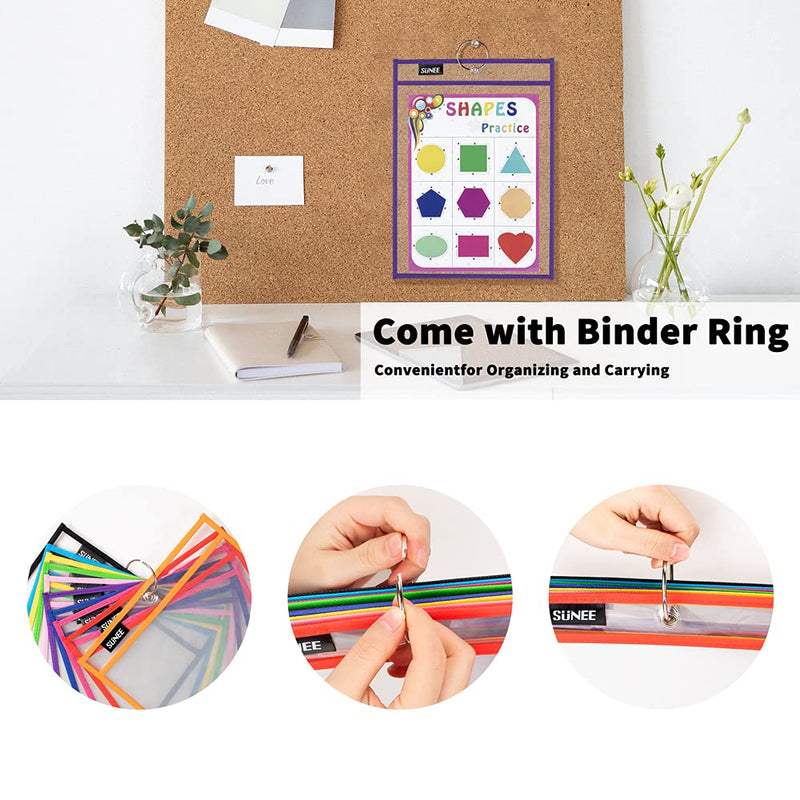 [Australia - AusPower] - SUNEE 10 Packs Oversized Reusable Dry Erase Pocket Sleeves with Binder Ring, 10 Assorted Colors 10x14 Ticket Holders, Clear Plastic Sheet Protectors, Teacher School Classroom Supplies 