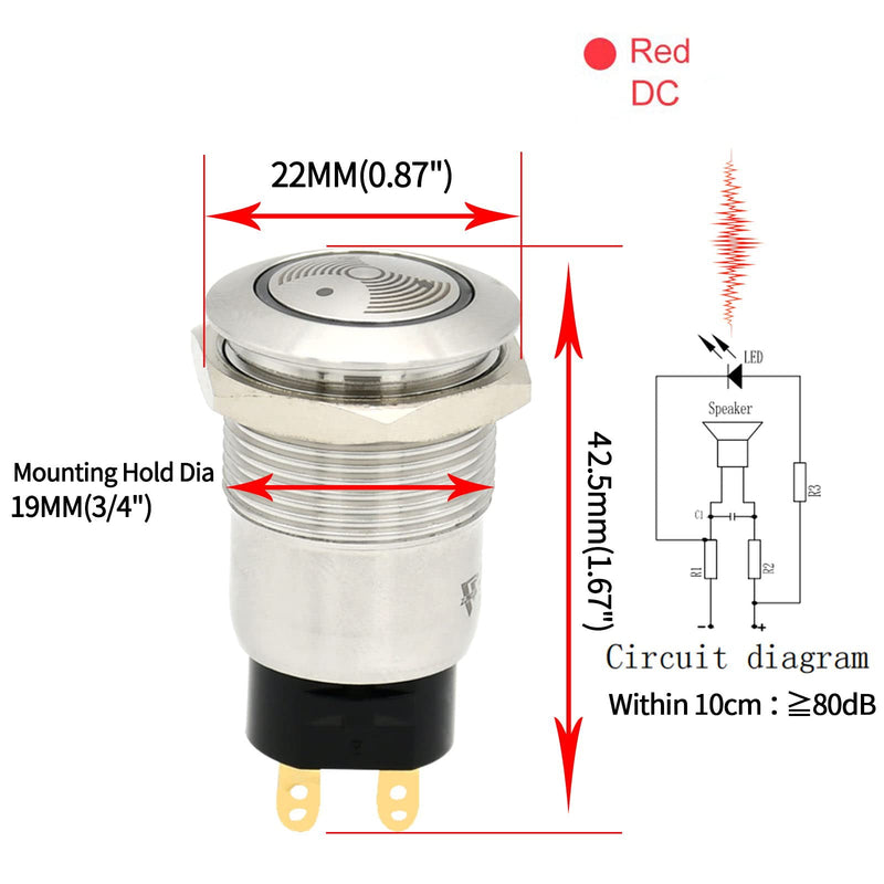 [Australia - AusPower] - Red LED Buzzer 12V 19mm Alarm Indicator Light Lamp Stainless Steel Metal Signal Pilot 0.75"Mounting Hole with 85dB Sound J19-BZL 19MM 12V 