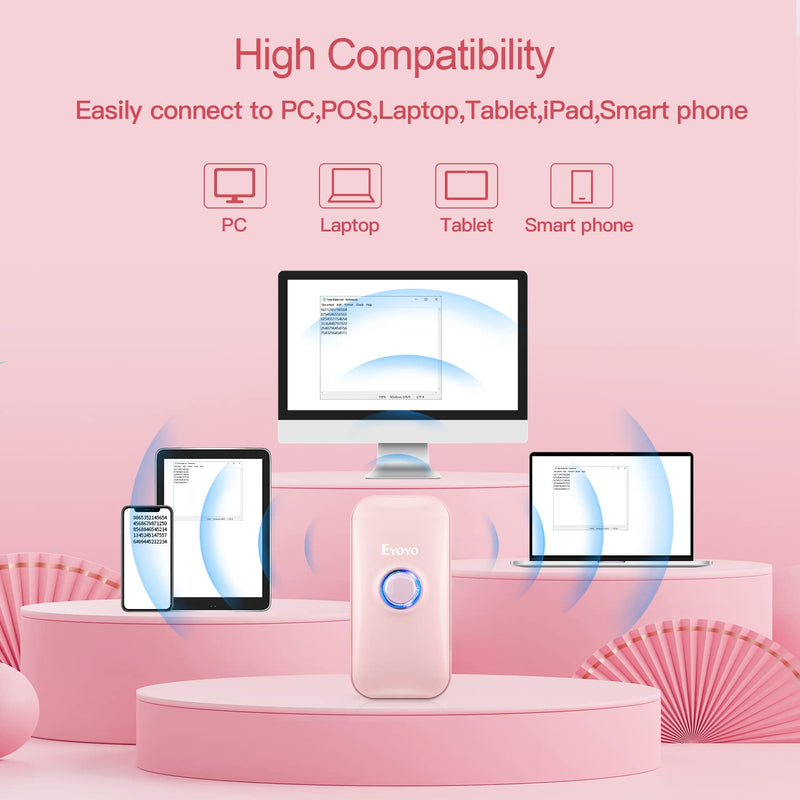 [Australia - AusPower] - Eyoyo Mini 1D Bluetooth Barcode Scanner, 3-in-1 Bluetooth & USB Wired & 2.4G Wireless Barcode Reader Portable Bar Code Scanning Work with Windows, Android, iOS, Tablets or Computers(Pink) Pink 