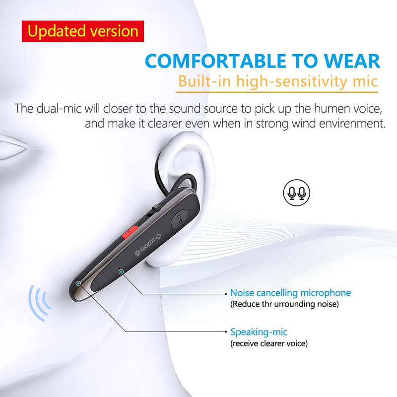 [Australia - AusPower] - Glazata Bluetooth Headset with Microphones - Clear 24h Talk in Ear Handsfree Earpiece for iPhone Samsung Cell Phone - Black 