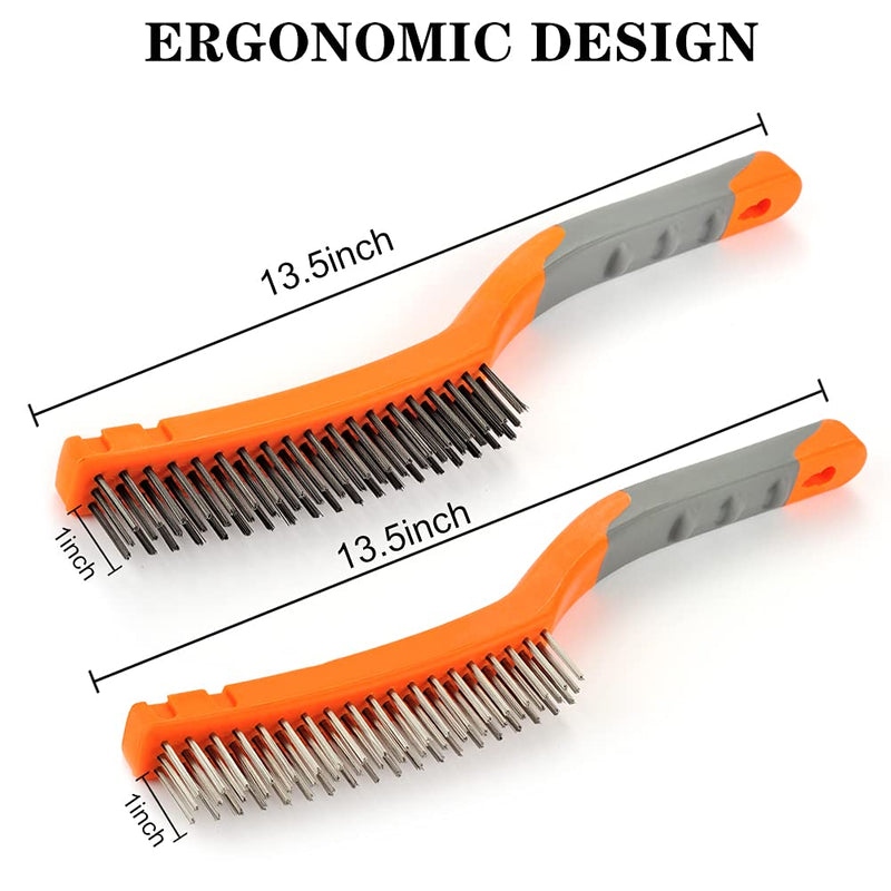 [Australia - AusPower] - Wire Brush Set,Heavy Duty Carbon Steel and Stainless Steel Wire Scratch Brush for Cleaning Rust,Paint, Welding with 13.5" Long Curved Rubber Handle,2 Pcs,Large 