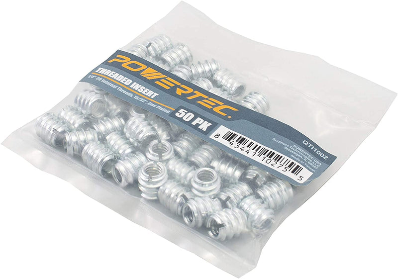 [Australia - AusPower] - POWERTEC QTI1002 Threaded Inserts for Wood Furniture | Zinc Plated | 1/4-20 Internal Threads | 11.9mm Length  Pack of 50 1/4"-20 Insert 