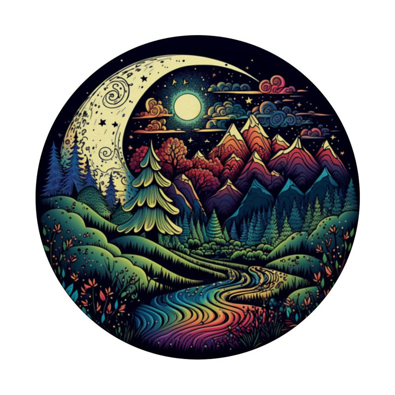 [Australia - AusPower] - Boho Moon Mountain Chic Floral Landscape PopSockets Swappable PopGrip Black 