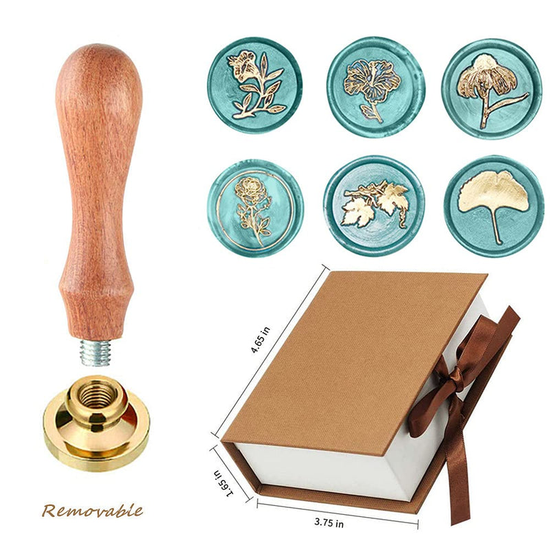 [Australia - AusPower] - Wax Seal Stamp Kit, Afobby Plant Set with 6 PCS Removable Brass Heads and 1 Wooden Handle, Retro Bellflower Flowers Sealing Stamps for Wedding Invitation Envelopes Decoration, medium Flower wax seal stamp kit4 