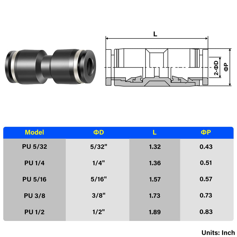 [Australia - AusPower] - TAILONZ PNEUMATIC Black Straight 1/2 inch Tube OD Push to Connect Tube Fittings Push Lock PU-1/2 (Pack of 2) 1/2"OD 