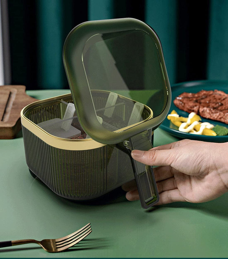 [Australia - AusPower] - 4 Compartments Seasoning Box With Lid,Clear Seasoning Storage Box Container,Seasoning Box with Cover and Serving Spoons,Kitchen Condiment Jars,Plastic Seasoning Box Set(Green) Green 