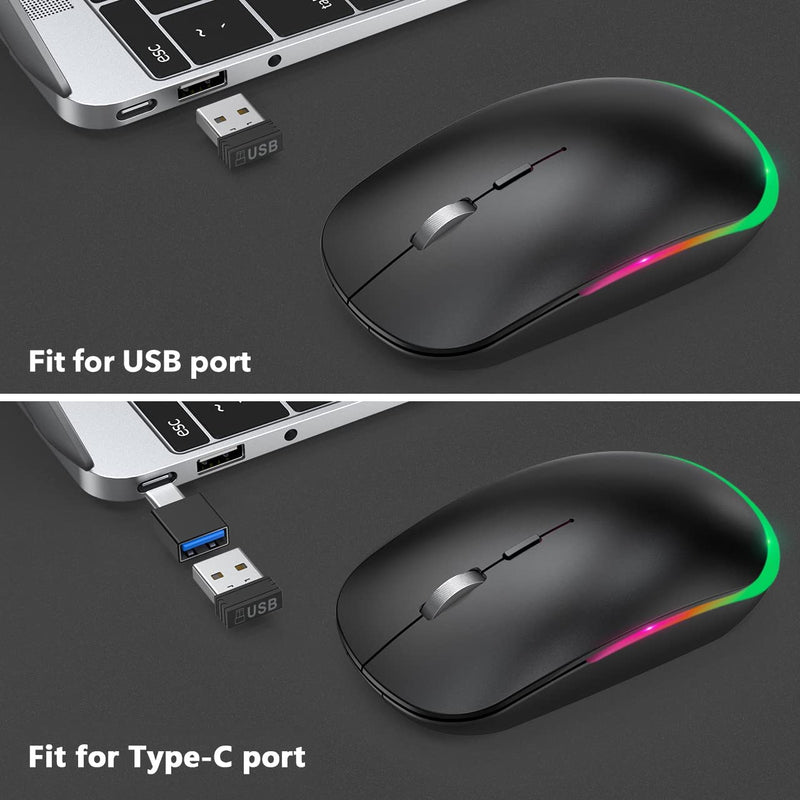 [Australia - AusPower] - RGB Wireless Mouse, Rechargeable Quiet Silm Computer Mouse with USB Receiver & Type C Adapter, Ergonomic Mouse for Laptop Desktop Computer Windows (Black) Black 
