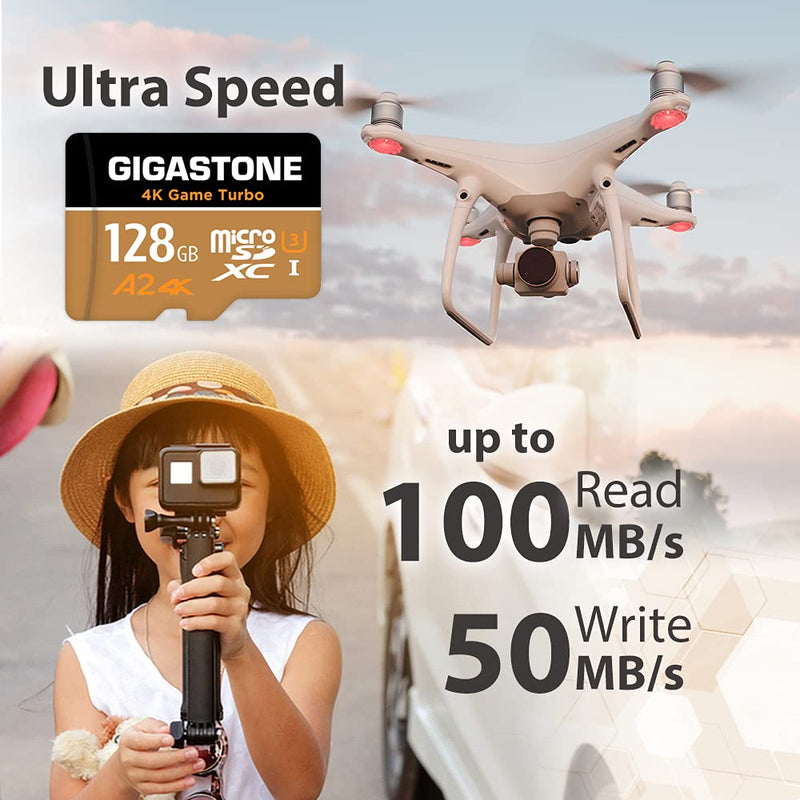 [Australia - AusPower] - [5-Yrs Free Data Recovery] Gigastone 128GB Micro SD Card, 4K UHD Game Turbo, MicroSDXC Memory Card for Nintendo-Switch, Read/Write 100/50 MB/s, DJI, GoPro, Action Camera, A2 V30, UHS-I U3, C10 4K Game Turbo 128GB 4K Game Turbo WG 