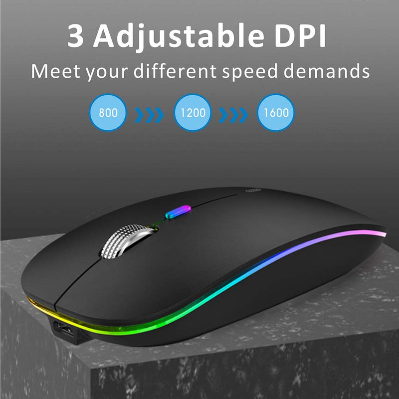 [Australia - AusPower] - LED Wireless Mouse, Uiosmuph G12 Slim Rechargeable Wireless Silent Mouse, 2.4G Portable USB Optical Wireless Computer Mice with USB Receiver and Type C Adapter (Matte Black) Matte Black 