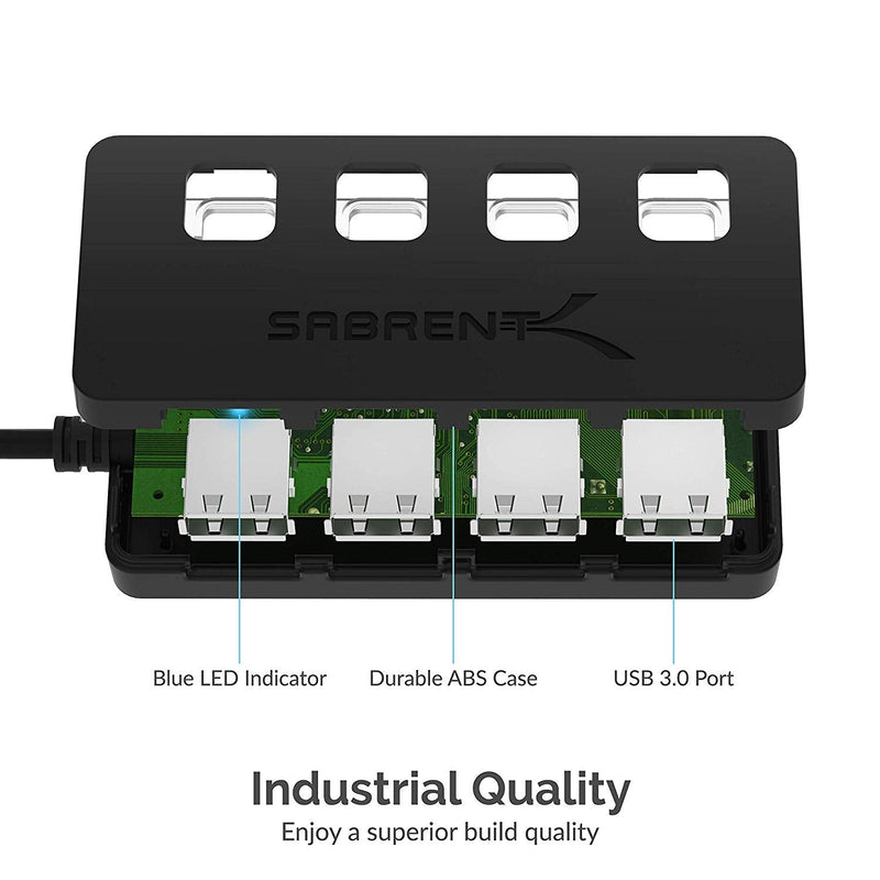 [Australia - AusPower] - SABRENT 4-Port USB 3.0 Hub with Individual LED Lit Power Switches, Includes 5V/2.5A Power Adapter (HB-UMP3) 