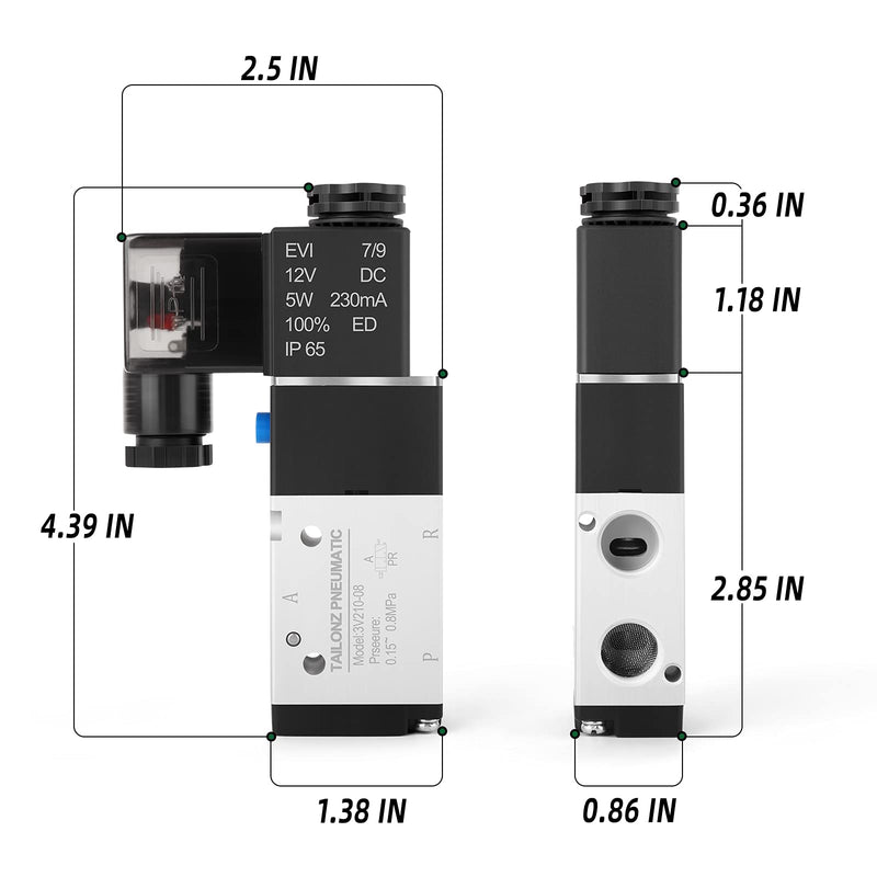 [Australia - AusPower] - TAILONZ PNEUMATIC 1/4"NPT Solenoid Valve 3V210-08 12V/24V/110V/220V Single Coil Pilot-Operated Electric 2 Position 3 Way Connection Type DC12V 