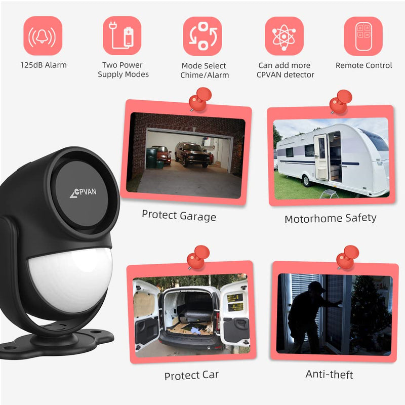 [Australia - AusPower] - CPVAN Motion Sensor Alarm with Remote Control, Indoor Wireless Infrared Security Motion Detector with Siren(125dB, 328ft, 3*AA Batteries ) Model: CP2 Black 