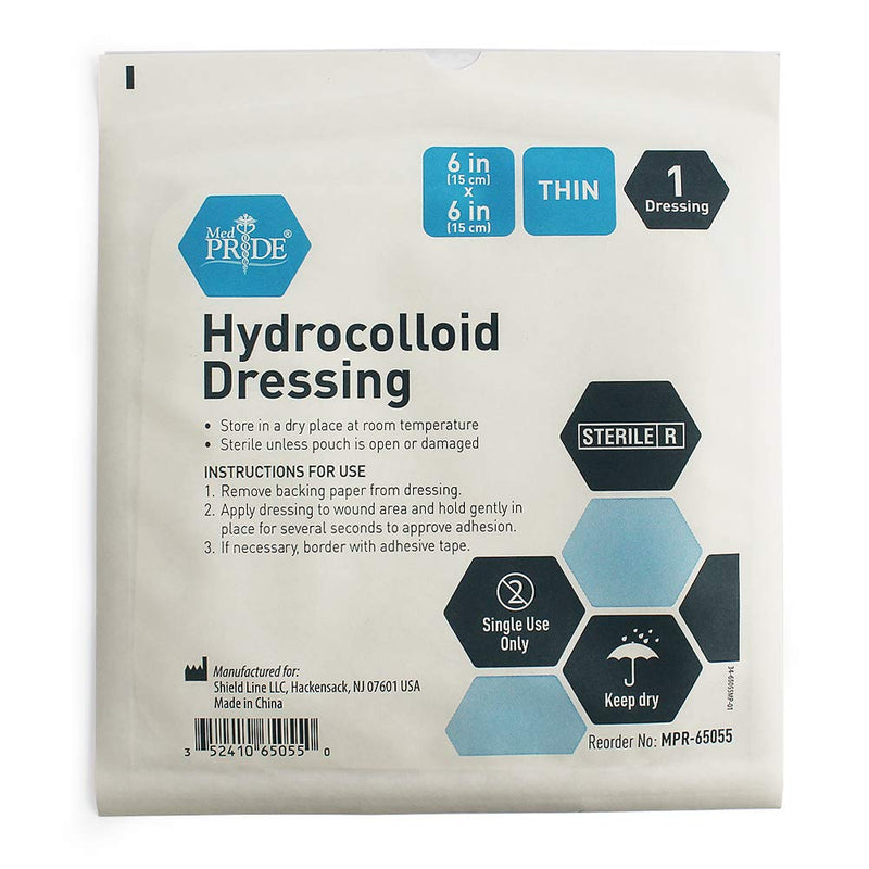 [Australia - AusPower] - Med PRIDE Hydrocolloid Wound Dressing Pads| 5-Pack, 6inch by 6inch Sterile Adhesive Patches| Individually Packed, Highly Absorbent, Water-Resistant & Comfortable| Stays On for Multiple Days 6'' x 6'' Thin 