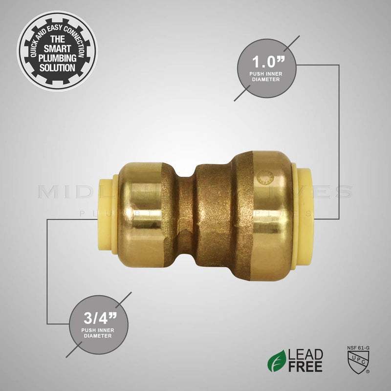 [Australia - AusPower] - Everflow Supplies Pushlock UPSC134 1 Inch x 3/4 Inch Long Push X Push Coupling for Push-Fit Fitting, Made w/Lead Free DZR Forged Brass, Connects PEX, CPVC & Copper, Pre-Lubricated Quick Installation 1 x 3/4 
