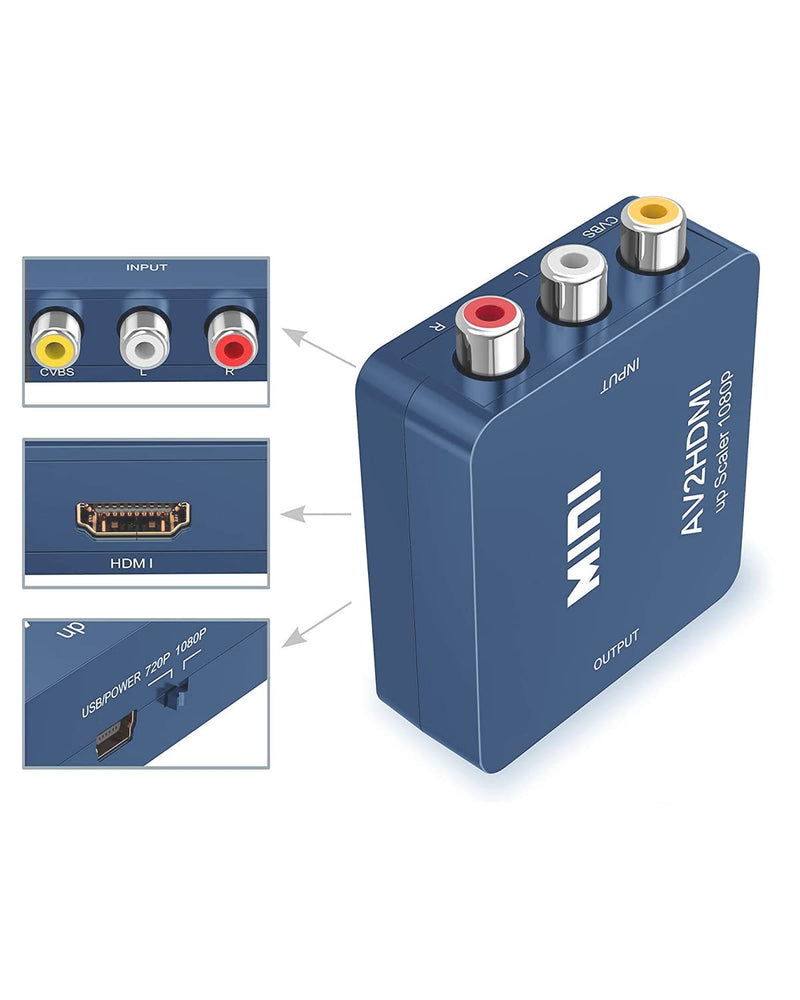 [Australia - AusPower] - ABLEWE RCA to HDMI,AV to HDMI Converter, 1080P Mini RCA Composite CVBS Video Audio Converter Adapter Supporting PAL/NTSC for TV/PC/ PS3/ STB/Xbox VHS/VCR/Blue-Ray DVD Players, Blue 
