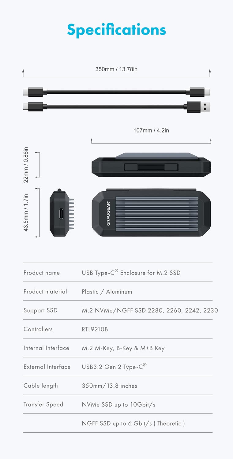 [Australia - AusPower] - GRAUGEAR 10Gbps M.2 NVMe SATA SSD Enclosure Adapter, Tool-Free USB3.2 Gen2 External SSD Case, USB C to USB C/USB A Cables, M Key, B+M Key, RTL9210B for Size 2230/2242/2260/2280[G-M202-AC-10G] 