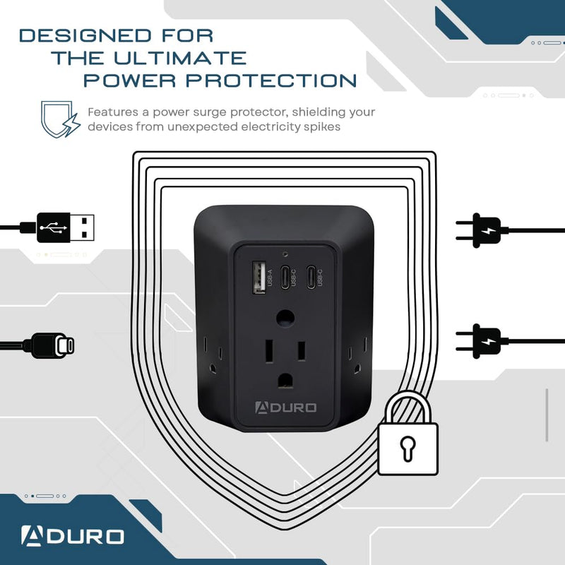 [Australia - AusPower] - Aduro Multi Plug Outlet Extender with Surge Protector, Black â€“ Wall Charger Power Strip with Adapter 3 Outlets, 1 USB & 2 Type-C Charging Ports â€“ for Home Office Travel, ETL Listed 