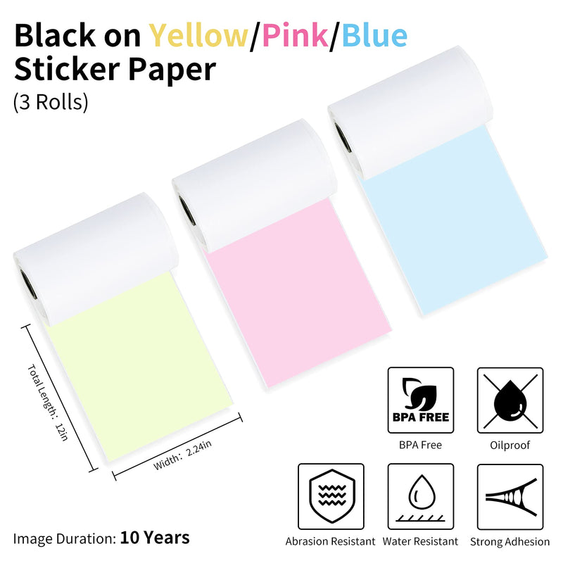 [Australia - AusPower] - Vetbuosa Colorful Thermal Sticker Paper, Adhesive Sticker Paper for Mini Pocket Portable Printer Inkless Bluetooth Pocket Thermal Printer, Black on Blue/Yellow/Pink, 57mm x 3.5m, Diameter 30mm, 3-Roll 57*30mm Color 