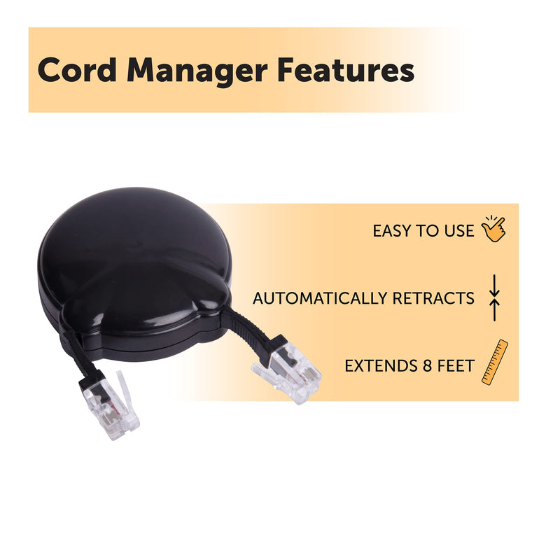[Australia - AusPower] - Softalk Cord Manager Retractable Phone Cord Detangler Cable for Landlines and Office Telephones, Black, 8 ft 