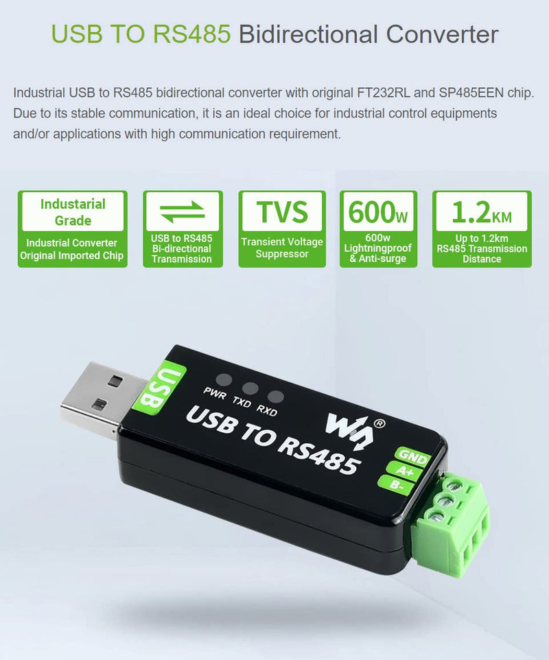 [Australia - AusPower] - Waveshare Industrial USB to RS485 Converter with Original FT232RL and SP485EEN Embedded Protection Circuits for Industrial Control Equipments and/or Applications with High Communication Requirement 