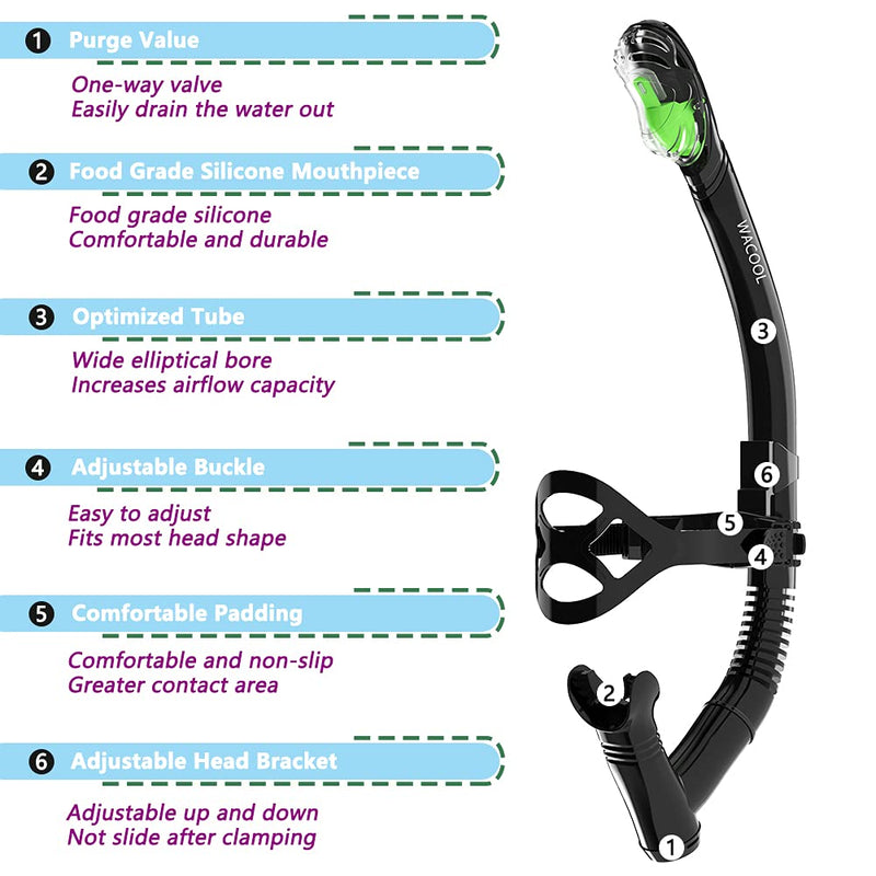 [Australia - AusPower] - WACOOL Training Headstrap Support Dry Top Snorkel Tube Comfortable Mouthpiece One-Way Purge Valve for Pool Open Water Scuba Lap Swimming Swimmer Diving Snorkeling 