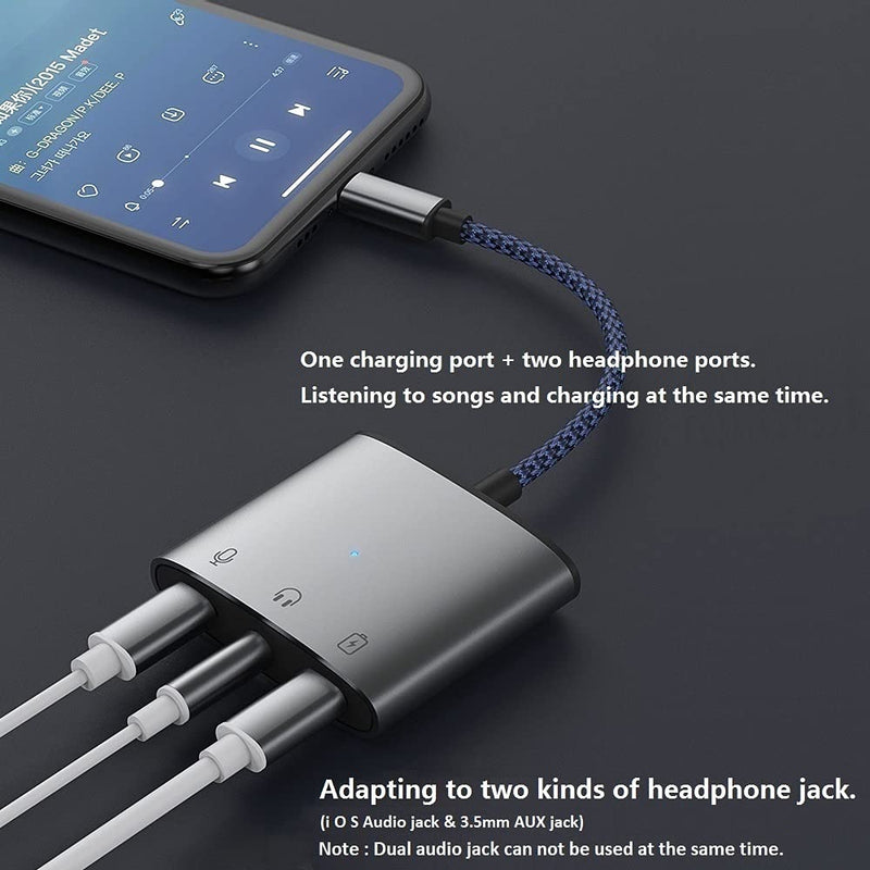 [Australia - AusPower] - 3in1 Audio and Charge Headphone Splitter for Phone /Pad, Dual Audio + Charge Splitter Dongle, 3.5mm Headphone Jack Adapter, Supports Fast Charge Gray 