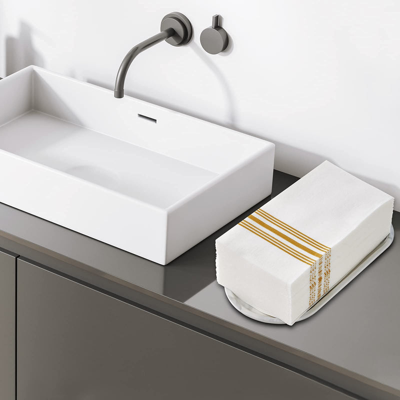 [Australia - AusPower] - 150 PACK Guest Towels Disposable Bathroom, Decorative Bathroom Napkins Linen Feel, Soft, and Absorbent Disposable Paper Hand Towel for Dinners, Kitchen, Parties, Weddings, Christmas Party Gold 