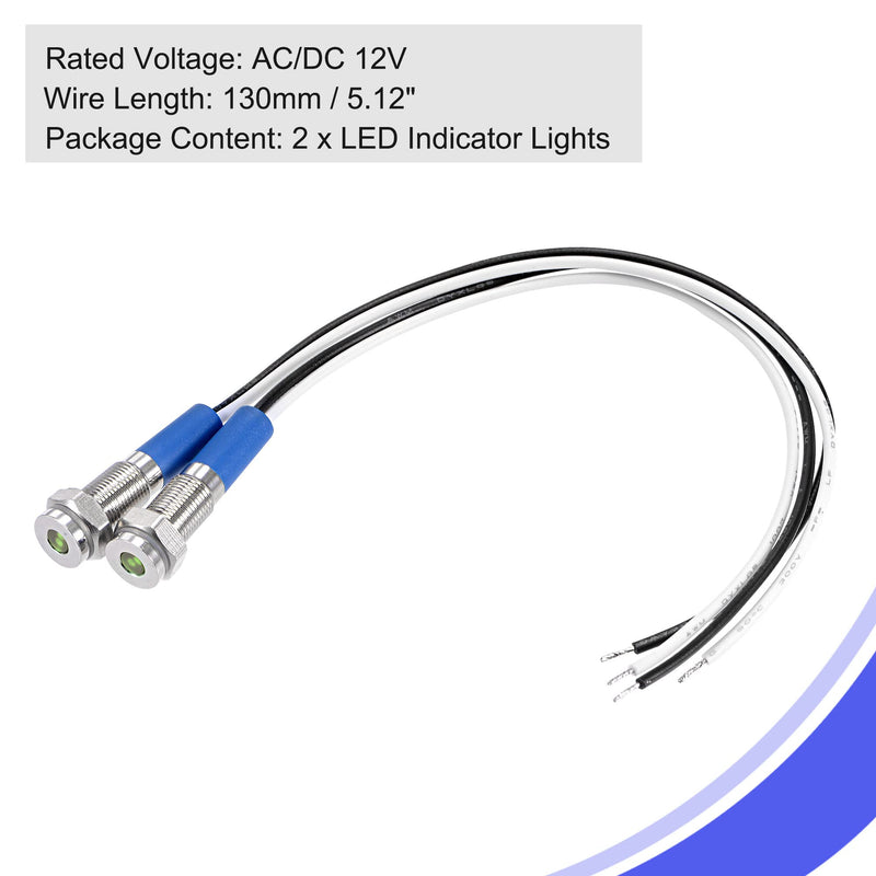 [Australia - AusPower] - MECCANIXITY Indicator LED Light 12V 6mm M6 Panel Mount Metal Waterproof Signal Lamp 130mm Wire with O Ring, Green Pack of 2 