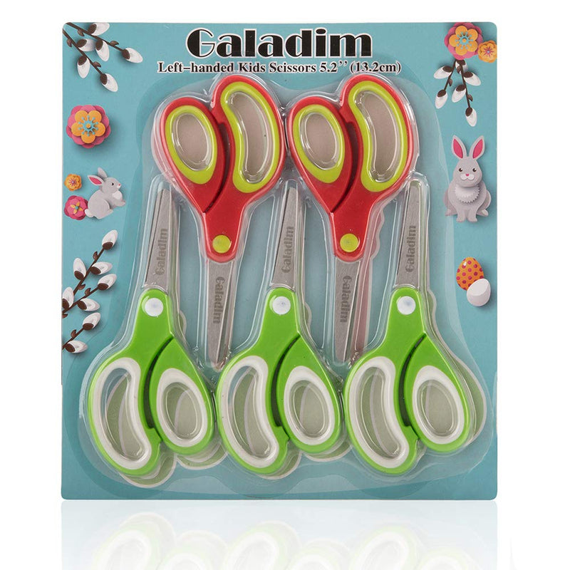 [Australia - AusPower] - Left-handed Kids Scissors by Galadim (Pack of 5, Rounded-tip, 5.2-Inch) - Lefty Soft Touch Blunt School Student Scissors Shears GD-018-G Green+Red 