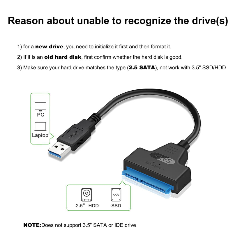 [Australia - AusPower] - EYOOLD SATA to USB 3.0 Adapter Cable for 2.5 inch Hard Drive HDD/SSD, Hard Drive Adapter Converter Support UASP (Black) Black 