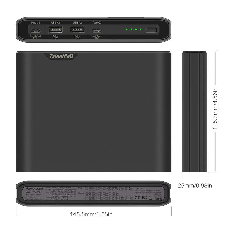 [Australia - AusPower] - TalentCell Portable Charger Dual USB-C PD 60W/30W and USB-A 18W Power Bank, High-Capacity 26800mAh External Battery Pack with Fast Charge for Macbooks, Smartphones, Tablets, Laptops and More 