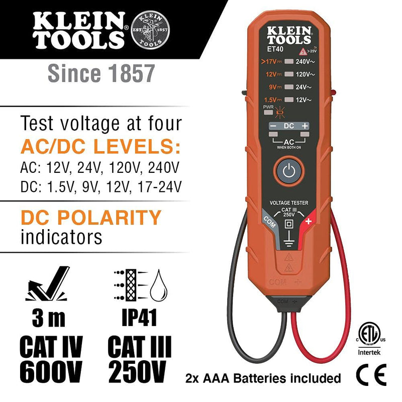 [Australia - AusPower] - Klein Tools ET40 Voltage Tester, AC Voltage, DC Voltage, and DC Polarity, Low Voltage Tester Includes Batteries 12/240 V 