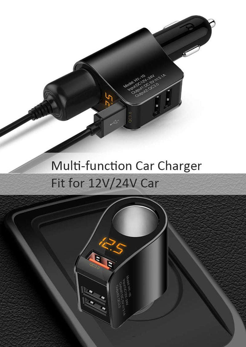 [Australia - AusPower] - Car Charger Extension Cigarette Lighter Adapter,Socket Splitter with 3 USB and Voltage Meter,Compatible with iPhone 13,12,12 Pro Max,iPad,Samsung,fit for 12V/24V Automobile Outlet (BlackQC3.0) BlackQC3.0 