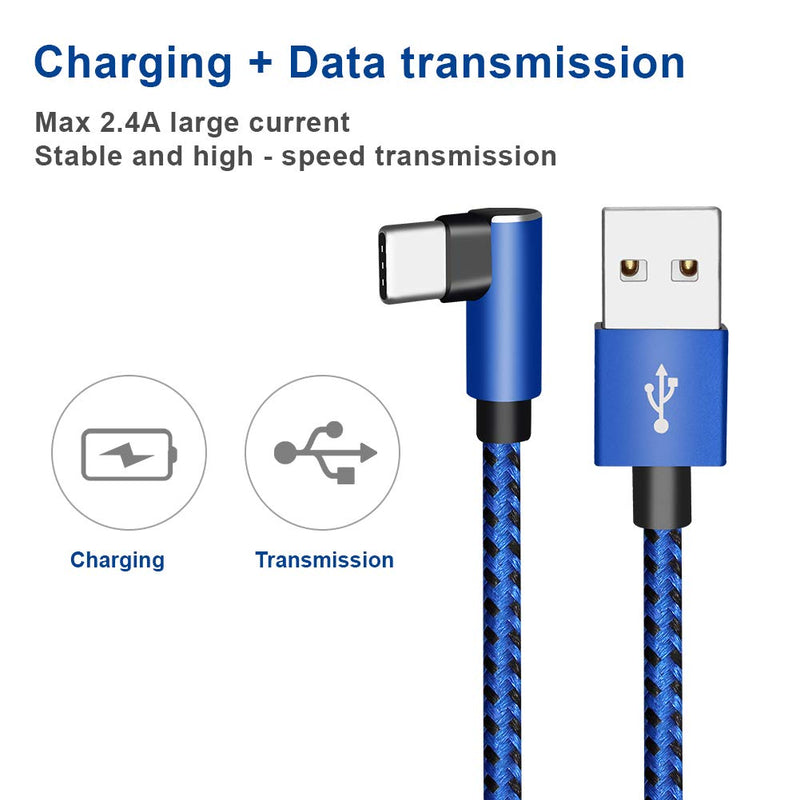 [Australia - AusPower] - Right Angle USB Type C Cable [2Pack 10ft] Nylon Braided Fast Charging 90 Degree Charger Cord for Samsung Galaxy S10+ S10 S10e S9 Plus Note 10 9 A10e A20 A20e A30 A50 Mobile Game Blue & Black 10ft+10ft 