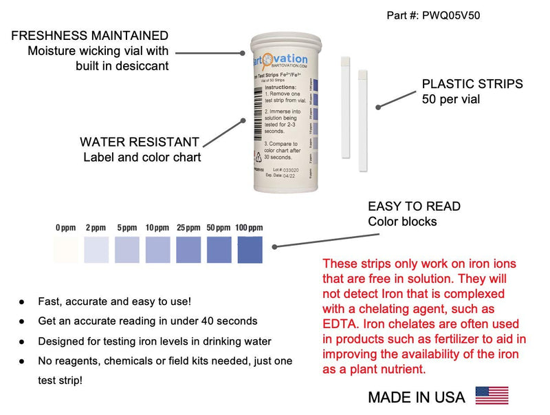 [Australia - AusPower] - Iron Test Strips, 0-100 ppm [Vial of 50 Strips] for Measuring Free Soluble Iron (Fe2+ and Fe3+) 