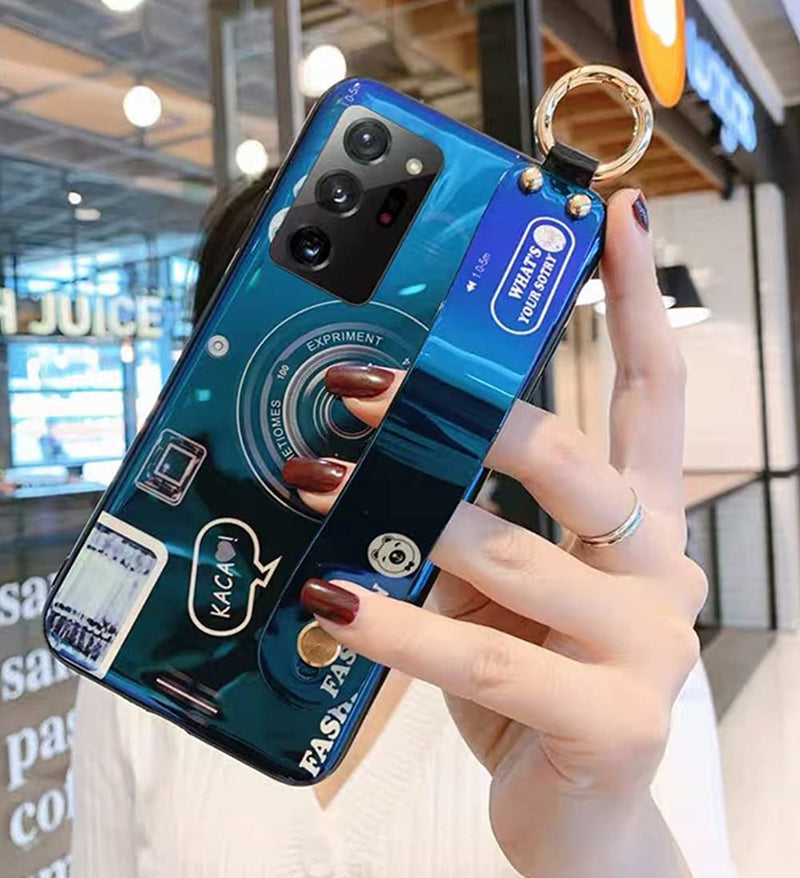 [Australia - AusPower] - Aulzaju Case for Samsung Note 20 for Girls Women with Wrist Strap Stand Bling Holographic Cute Cartoon Camera Design with Ring Holder Kickstand Soft Sleek TPU Bumper Cover for Galaxy Note 20 Blue Samsung Galaxy Note 20 