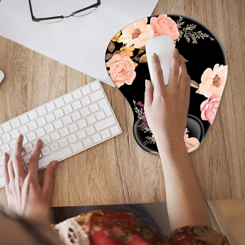 [Australia - AusPower] - Ergonomic Mouse Pad with Gel Wrist Rest Support, HOMKUMY Cute Mouse Pads with Non-Slip Rubber Base Wrist Rest Pad for Home, Office & Travel Easy Typing & Pain Relief, Peony Black 