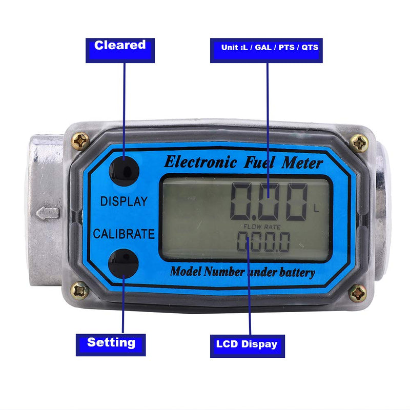 [Australia - AusPower] - LELUKEE Digital Fuel Turbine Aluminum Flowmeter with LCD Display,1″ FNPT Inlet/Outlet (10-100 LPM)-Unit of Measurement Support L/GAL/PTS/QTS (1inch) 1inch 