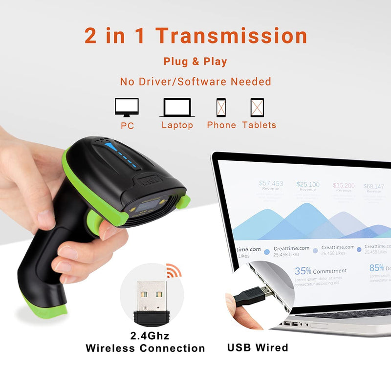 [Australia - AusPower] - Tera Barcode Scanner Wireless Versatile 2-in-1 (2.4Ghz Wireless+USB 2.0 Wired) with Battery Level Indicator 328 Feet Transmission Distance Rechargeable 1D Laser Bar Code Reader USB Handheld (Green) Green 