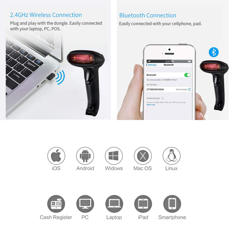 [Australia - AusPower] - Symcode Bluetooth Barcode Scanner Handheld USB CCD Cordless Barcode Reader Scanner Compatible with 2.4G Wireless & Bluetooth Function & Wired Connection with Windows, Mac,Android, iOS 