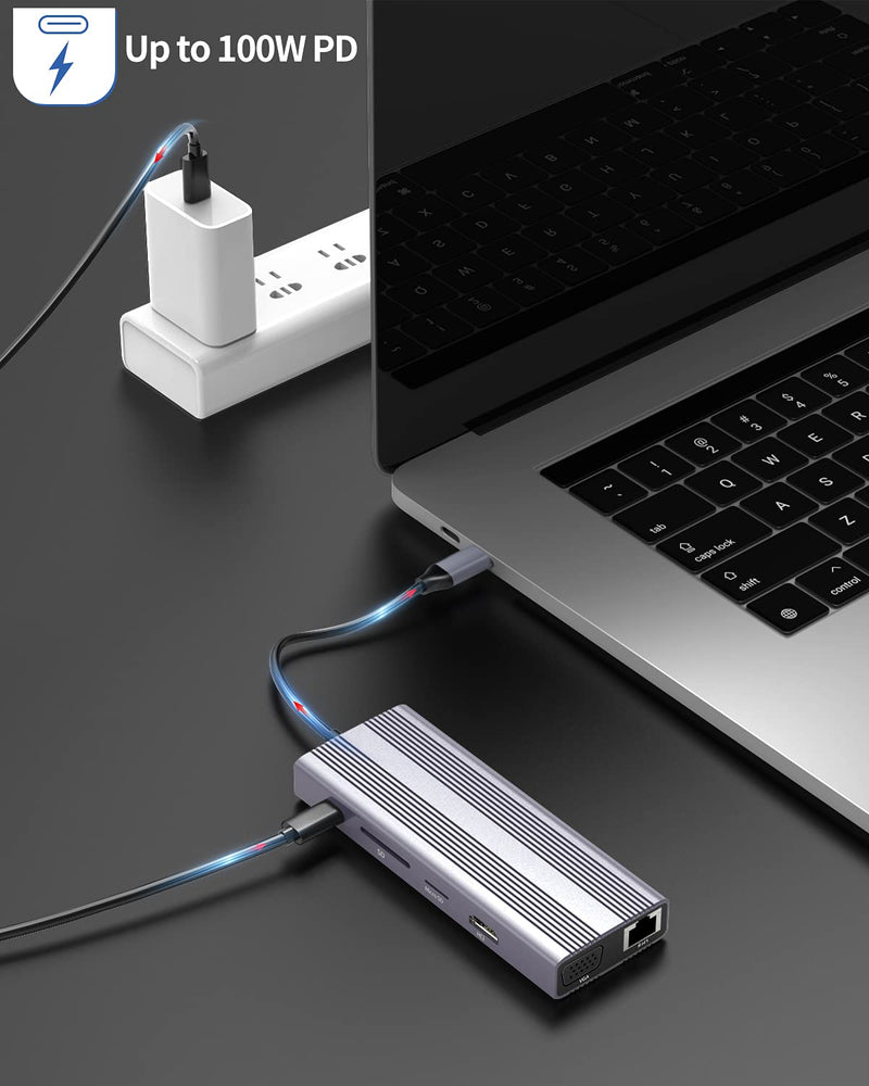 [Australia - AusPower] - USB C Hub, 12 in 1 Compact USB C Adapter with 4K HDMI, 1080P VGA, 2 USB 3.0, SD/Micro SD Card Reader, 2 USB-C Ports, Compatible for MacBook Pro and Other Type C Laptops or Phones 