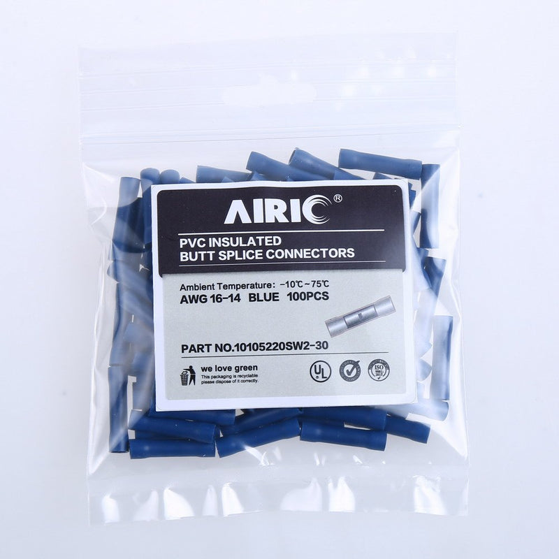 [Australia - AusPower] - AIRIC Blue Butt Connectors Crimp 100pcs 16-14AWG Butt Connector Fully Insulated PVC Wire Butt Splice Connectors, 16-14 Gauge Blue(16-14AWG) 100 pcs 