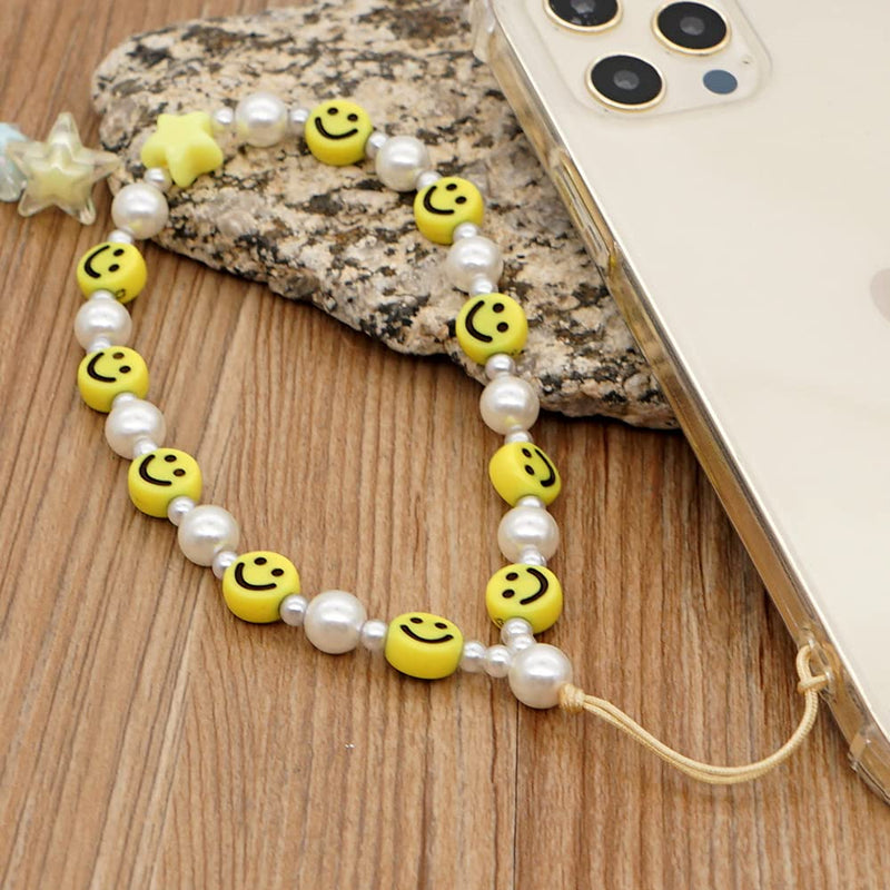 [Australia - AusPower] - Beaded Phone Lanyard Wrist Strap Smiley Face Beaded Handmade Colorful Acrylic Beads Pearl Phone Charm Strap for Women Girls Yellow 
