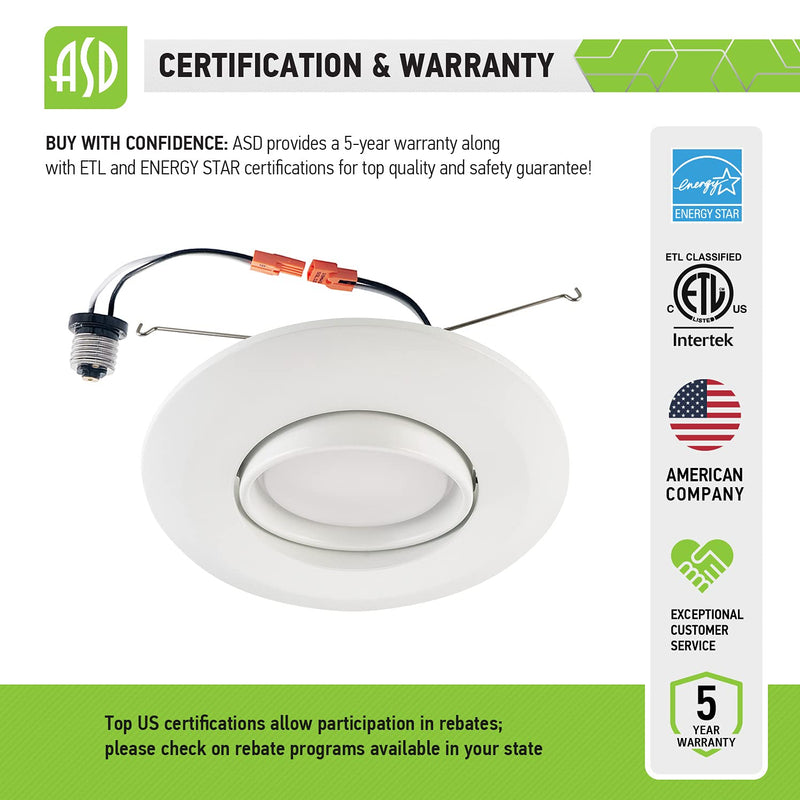 [Australia - AusPower] - ASD LED Recessed Lighting Gimbal 6 Inch - Dimmable - Directional Ceiling Downlight 15W=60W, 1010 Lm, 3000K, CRI 90+ Retrofit Can Light, ETL & Energy Star 3000k (Warm White) 1 Pack 