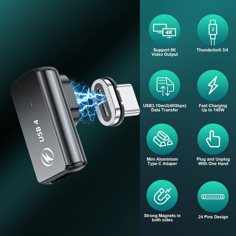 [Australia - AusPower] - USB Type C Magnetic Adapter 2Pack, 24Pins Magnetic USB C Adapter 90 Degree USB-C Adapter with PD 140W Charge 40Gbps 8K 60Hz Video USB4 for Thunderbolt 3/4 MacBook Pro/Air Phone and More Type C Devices 140W Right-H 