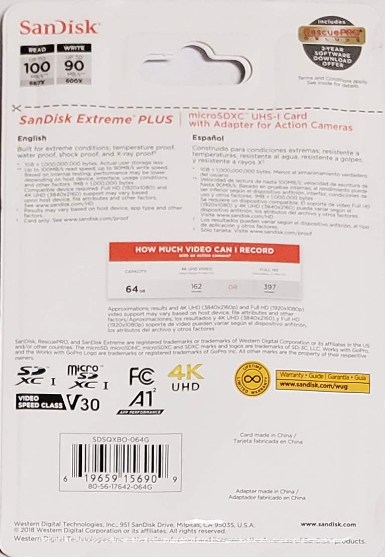 [Australia - AusPower] - SANDISK EXTREME PLUS MICRO SDXC UHS-I 64GB 100MB/s MEMORY CARD WITH ADAPTER 