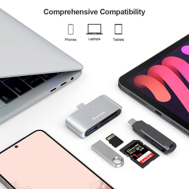 [Australia - AusPower] - Qwiizlab 4-in-1 USB-C 3.0 Hub, SD/Micro Memory Card Readers, USB-A 5Gbps, USB-C 2.0, for MacBook Air Pro iMac HP XPS Lenovo Windows Laptop PC(Silver) Silver 