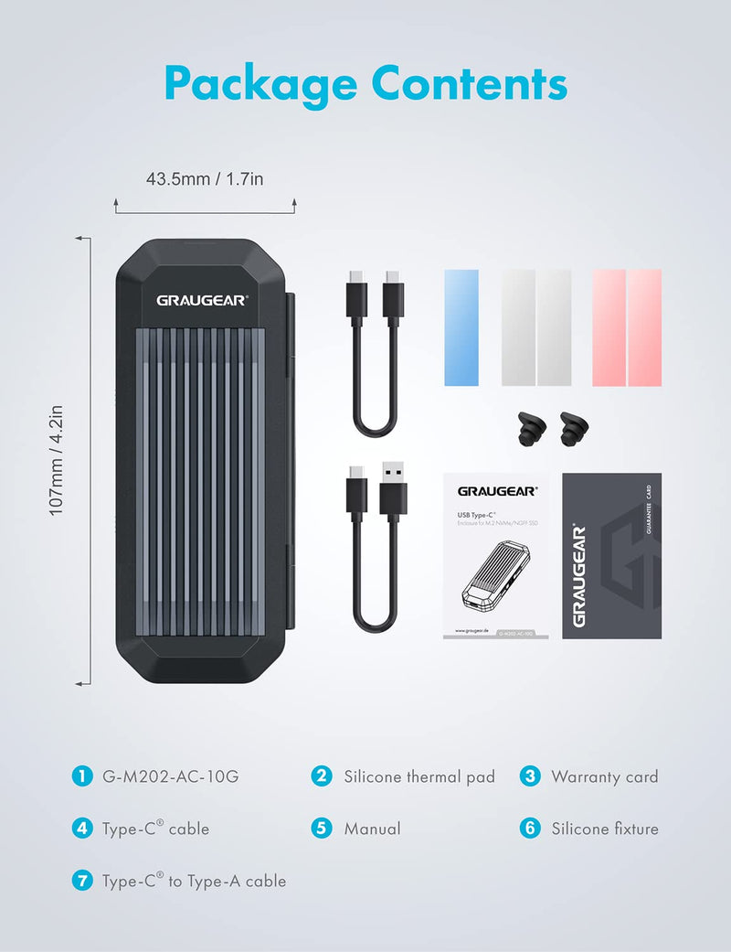 [Australia - AusPower] - GRAUGEAR 10Gbps M.2 NVMe SATA SSD Enclosure Adapter, Tool-Free USB3.2 Gen2 External SSD Case, USB C to USB C/USB A Cables, M Key, B+M Key, RTL9210B for Size 2230/2242/2260/2280[G-M202-AC-10G] 