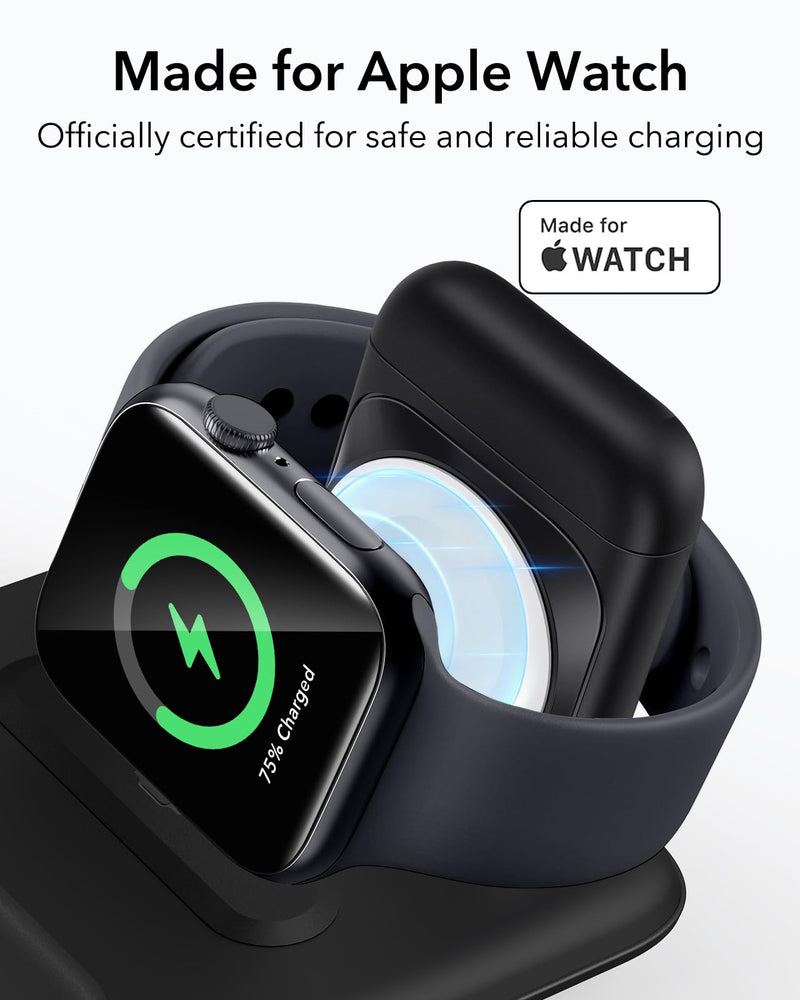 [Australia - AusPower] - ESR Magsafe 3 in 1 Charger (HaloLock), Travel Magsafe Charger Stand, Made for Apple Watch Certified, Foldable Magsafe Charging Station for iPhone 14/13/12, AirPods Pro/3/2, Adjustable 2-Way, Black 