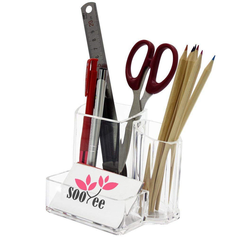 [Australia - AusPower] - Sooyee Acrylic Desk Supplies Organizer Holder, 3 Compartments Office Desktop Caddy, Multi-function Pen Pencil Cup Phone Remote Control Stationery Storage Box for Home, School, Classroom (5.1 x 3.74 x 4.1, Clear) 5.1 x 3.74 x 4.1 